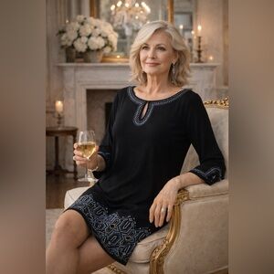 White House Black Market Beaded Rhinestone Shift Dress Black Size L